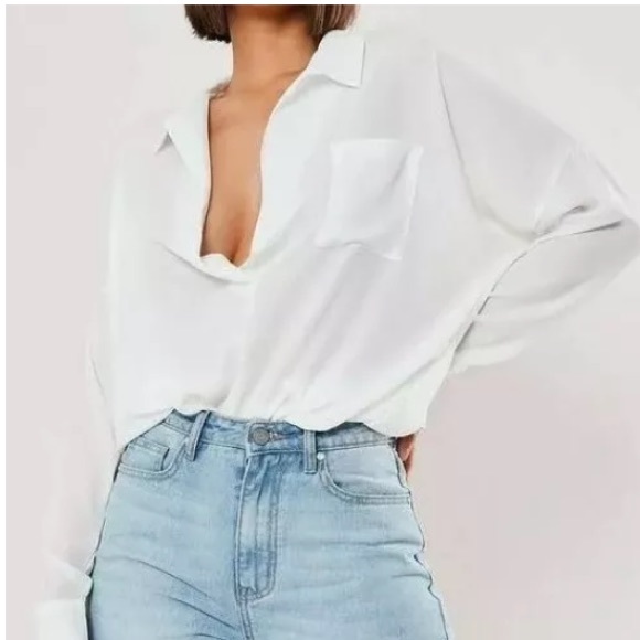 Missguided White Oversized Plunge Front Top Blouse Size 4 - Picture 1 of 11